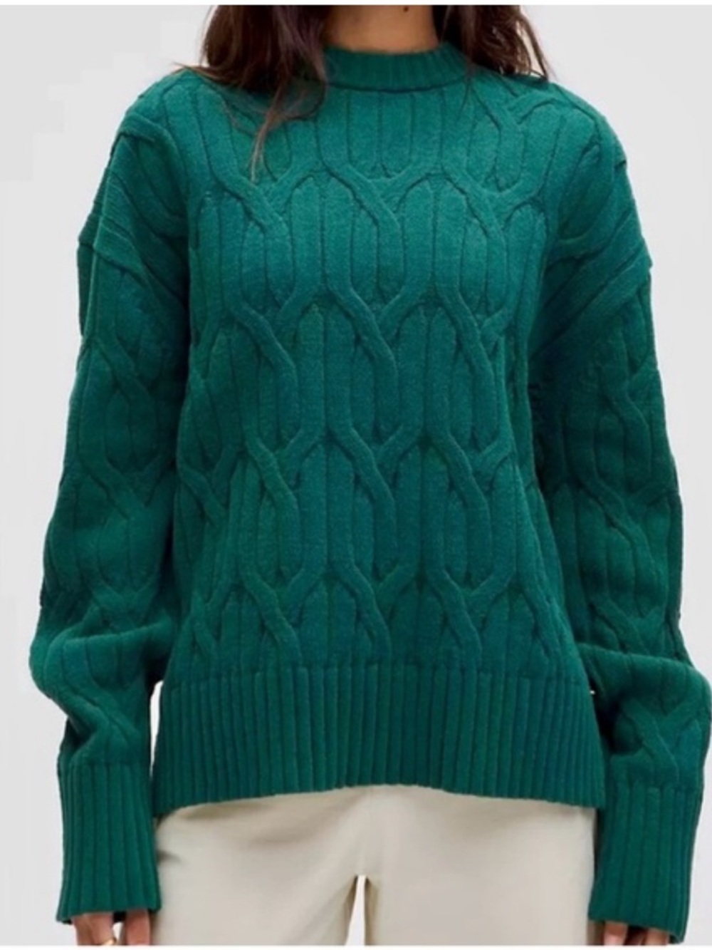 Lululemon Green Nylon Oversized Cable Knit Crewneck Sweater Top Sz. L